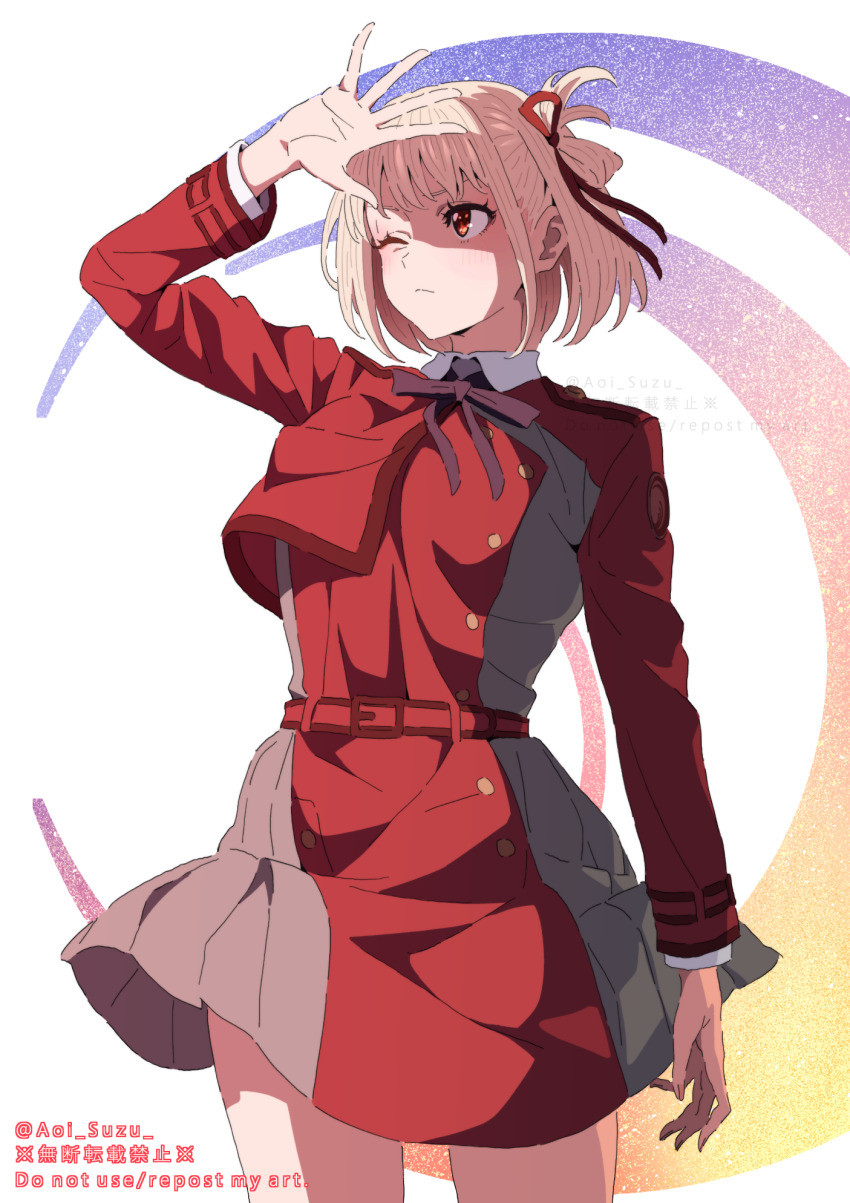 1girl aoi_suzu arm_at_side arm_up belt blonde_hair bob_cut breasts cowboy_shot grey_skirt hair_ribbon highres long_sleeves lycoris_recoil lycoris_uniform neck_ribbon nishikigi_chisato one_eye_closed one_side_up open_hand pleated_skirt red_belt red_eyes red_ribbon red_shirt red_skirt ribbon shirt short_hair skirt solo two-tone_skirt wind wind_lift wing_collar