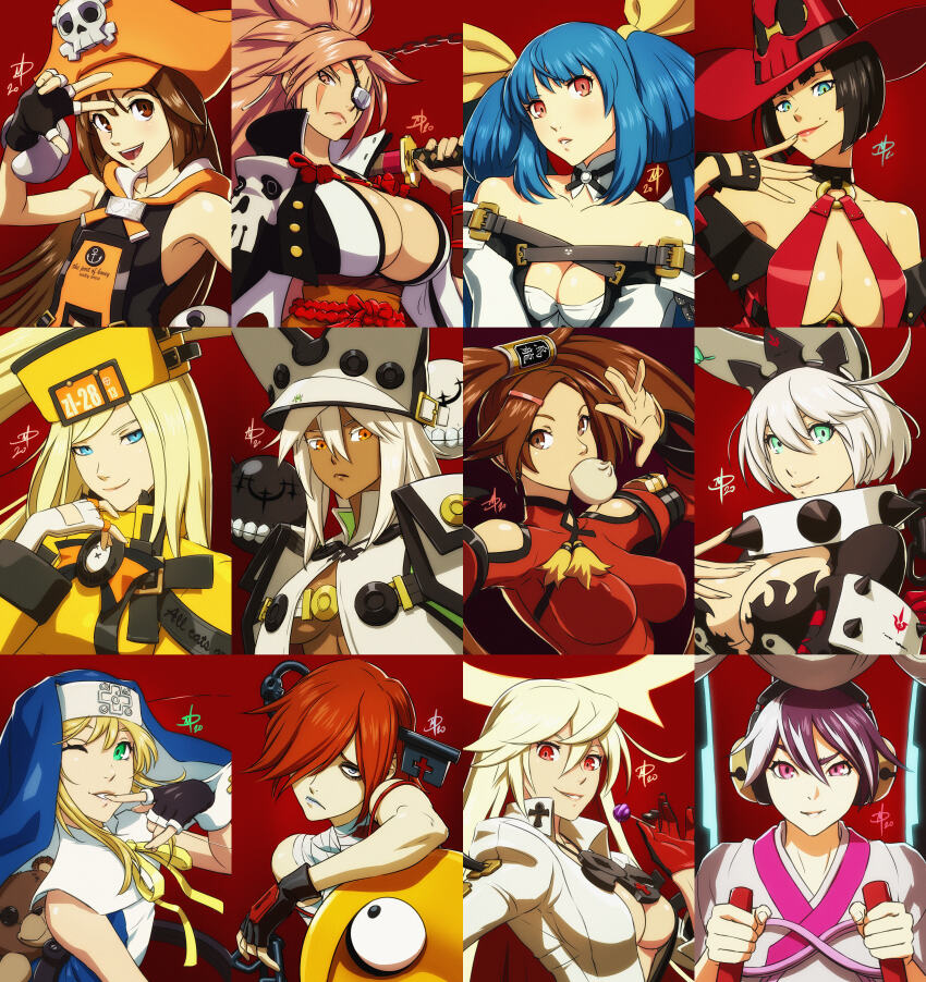 1boy 6+girls a.b.a absurdres arc_system_works baiken black_hair blonde_hair blue_eyes blue_hair breasts bridget_(guilty_gear) cleavage dizzy_(guilty_gear) elphelt_valentine eyepatch green_eyes guilty_gear guilty_gear_xrd guilty_gear_xx hat highres i-no jack-o&#039;_valentine kum_haehyun kuradoberi_jam large_breasts long_hair may_(guilty_gear) millia_rage multiple_girls pink_eyes pink_hair pirate_hat ramlethal_valentine red_eyes red_hair underboob witch_hat
