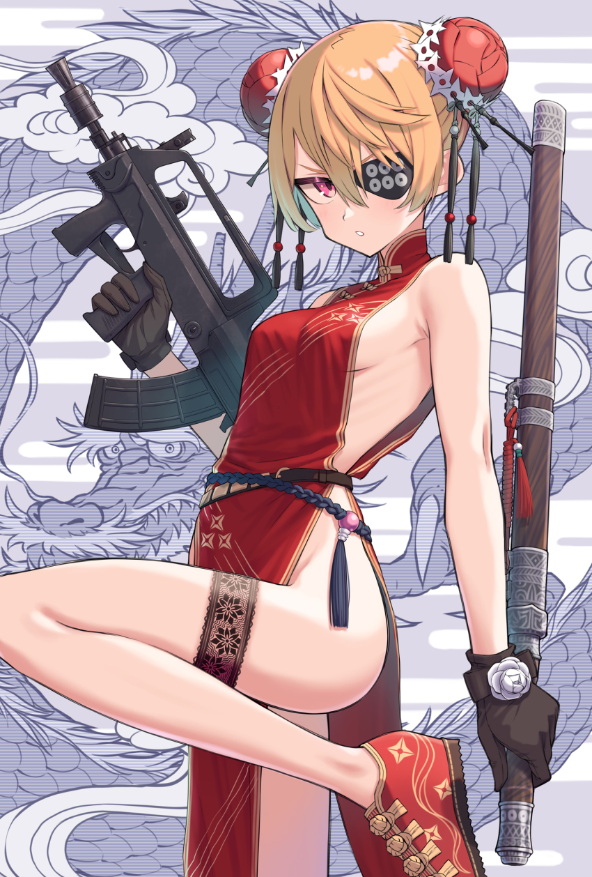 1girl assault_rifle black_gloves blonde_hair breasts bullpup bun_cover china_dress chinese_clothes commentary_request double_bun dragon dress eastern_dragon eyepatch gloves gun hair_between_eyes hair_bun highres holding holding_weapon leg_up looking_at_viewer medium_breasts no_panties original parted_lips pink_eyes qbz-95 red_dress red_shoes ribs rifle samaru_(seiga) shoes short_hair sideboob sleeveless sleeveless_dress solo thigh_strap trigger_discipline weapon