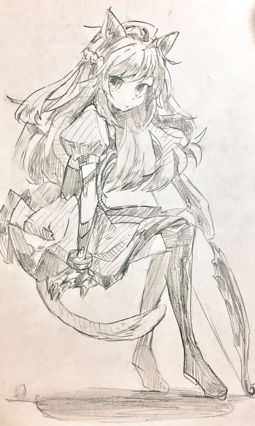 1girl animal_ears atalanta_(fate) bow_(weapon) braid closed_mouth dress fate/apocrypha fate_(series) full_body gloves graphite_(medium) hand_up highres invisible_chair looking_at_viewer mizutama_(mizutamalion) monochrome photo_(medium) puffy_short_sleeves puffy_sleeves short_sleeves simple_background sitting sketch solo tail thighhighs traditional_media weapon
