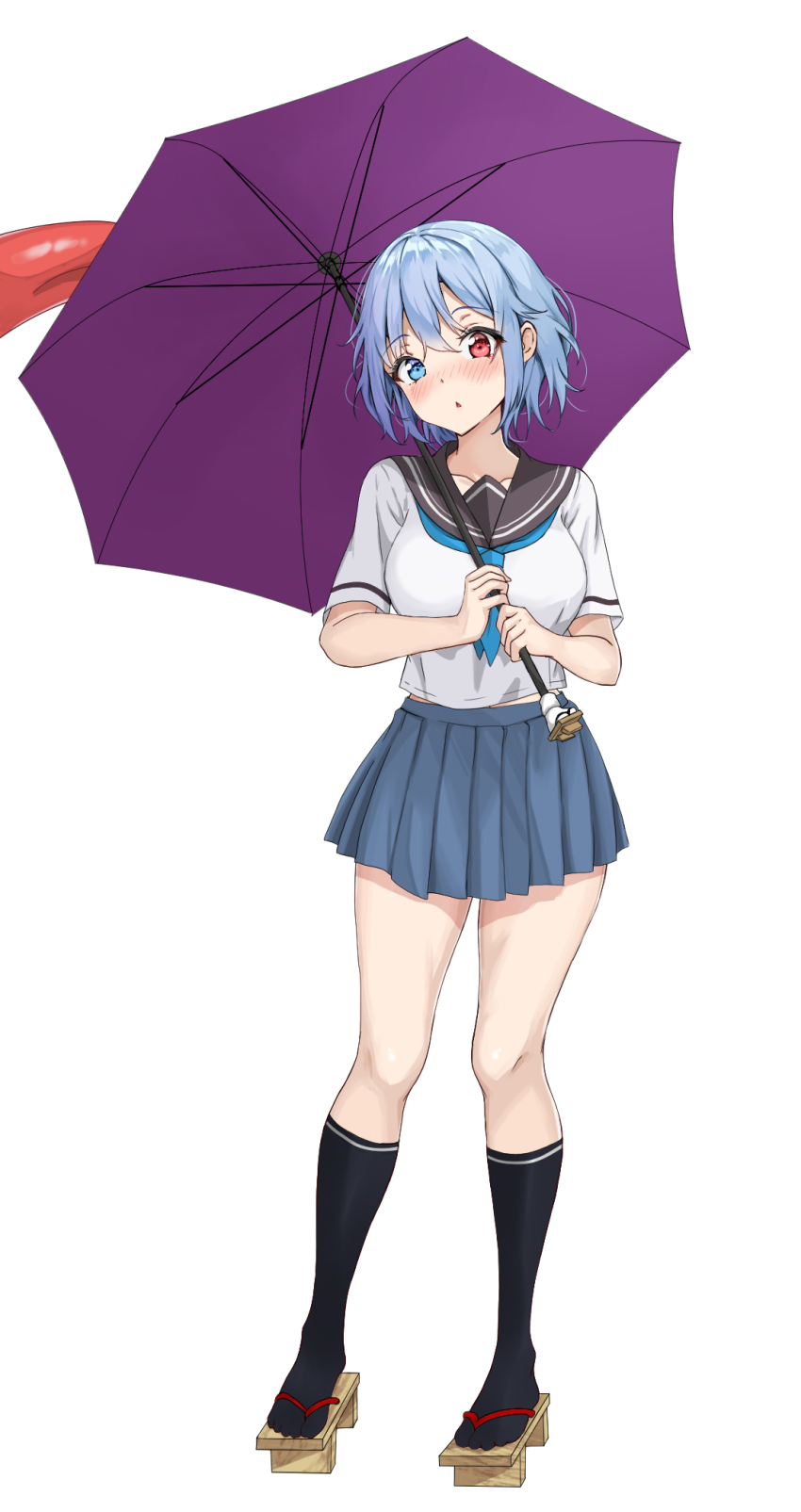 1girl alternate_costume amagi_(amagi626) blue_eyes blue_hair blue_neckerchief blue_skirt breasts curious full_body hair_between_eyes heterochromia highres holding holding_umbrella kneehighs large_breasts medium_hair midriff_peek miniskirt neckerchief open_mouth pleated_skirt red_eyes sailor_collar sandals school_uniform serafuku short_hair skirt socks solo standing staring tatara_kogasa thighs touhou umbrella