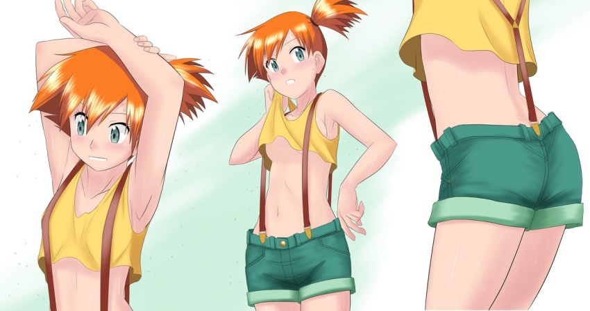 1girl armpits arms_up ass asymmetrical_hair blush breasts cowboy_shot denim denim_shorts gen_1_pokemon green_eyes green_shorts kakkii legs looking_at_another looking_at_viewer misty_(pokemon) multiple_views navel nintendo orange_hair pokemon pokemon_(anime) pokemon_(classic_anime) ponytail shirt short_shorts shorts side_ponytail smile suspenders sweat sweatdrop takaya_n tank_top thighs upper_body yellow_shirt yellow_tank_top