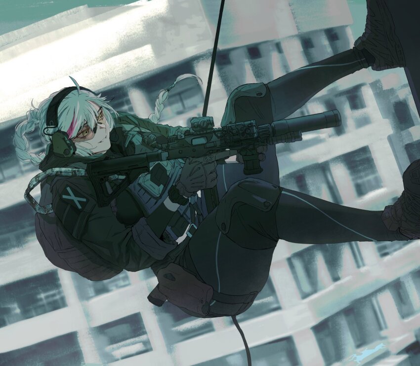 1girl arm_pouch b&amp;t_mp9 backpack bag black_jacket black_undershirt braid braided_ponytail building bulletproof_vest earmuffs feet_against_wall flashlight glasses gloves grey_gloves grey_hair gun gun_sling handgun high_braided_ponytail highres holster horse_girl jacket knee_pads laser_sight long_hair long_sleeves maxturbo69 original ponytail puffy_long_sleeves puffy_sleeves rappelling red_dot_sight safety_glasses sleeves_rolled_up smartphone_case solo submachine_gun suppressor swimsuit thigh_holster tinted_eyewear trigger_discipline very_long_hair watch weapon yellow_eyes