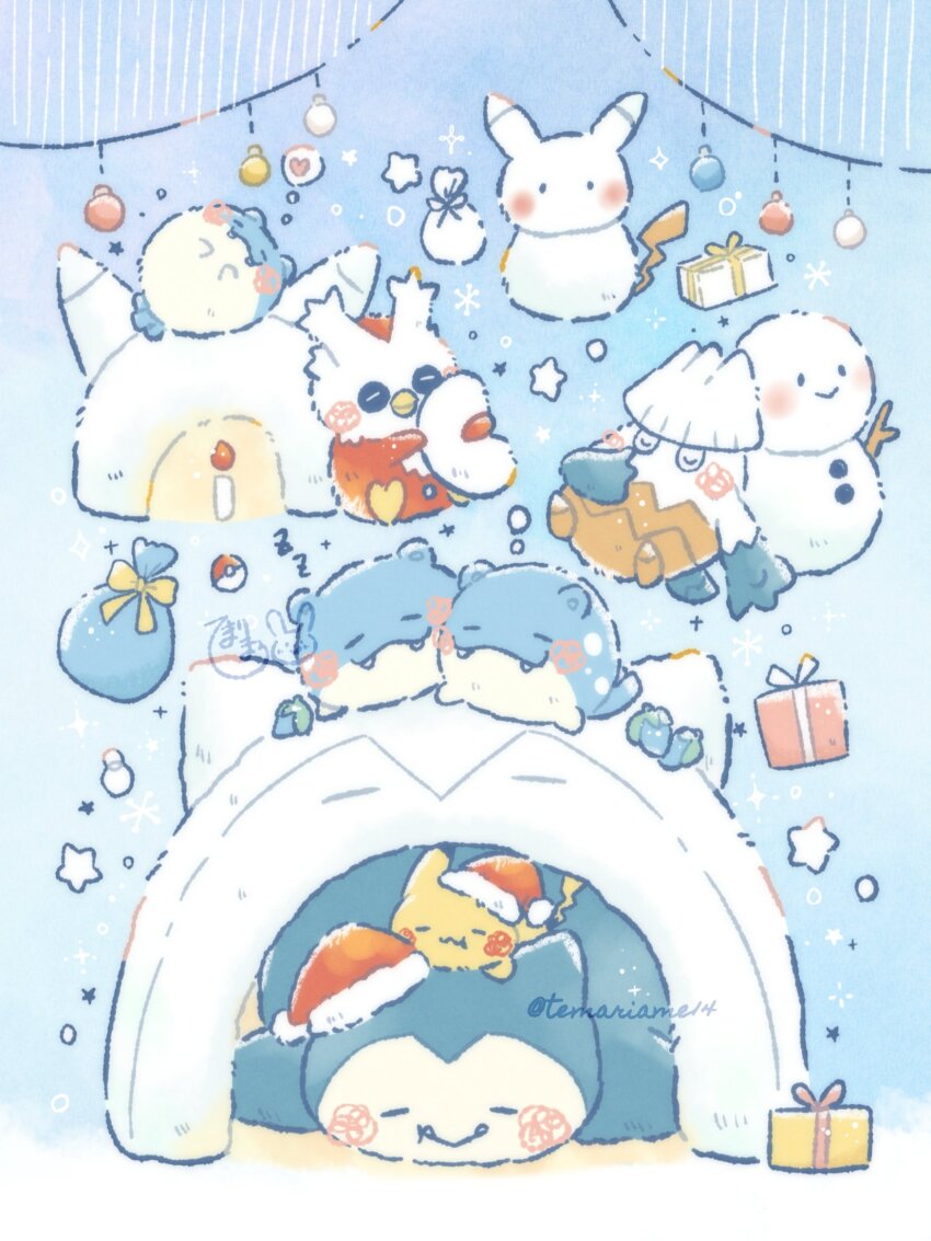 blush candle christmas christmas_ornaments closed_eyes closed_mouth delibird fangs fire game_freak gen_1_pokemon gen_2_pokemon gen_3_pokemon gen_4_pokemon gift hat highres igloo lying nintendo no_humans pikachu poke_ball poke_ball_(basic) pokemon pokemon_(creature) santa_hat sleeping smile snorlax snover snow_shelter snowman spheal star_(symbol) temariame14 twitter_username zzz