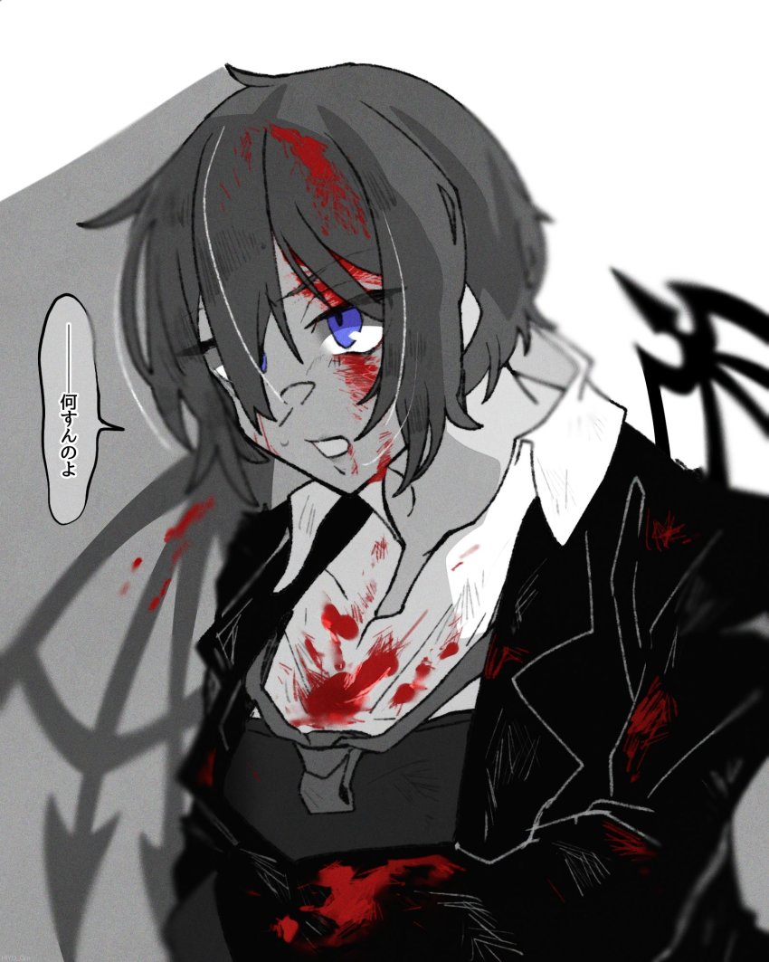 1girl black_suit black_wings blood blood_in_hair blood_on_clothes blood_on_face blue_eyes eyebrows female_focus formal_clothes hair_over_one_eye highres hiyo_qre hurt injury necktie shin_subarashiki_kono_sekai short_hair solo spiked_wings subarashiki_kono_sekai suit sweatdrop translation_request wings yashiro_uzuki