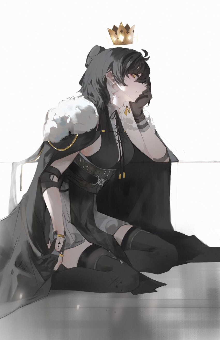 1girl absurdres black_cape black_dress black_gloves black_hair breasts cape closed_mouth commentary cross-laced_clothes cross-laced_dress crown dress elbow_gloves elyzerda female_rover_(wuthering_waves) fur-trimmed_cape fur_trim gloves hashtag-only_commentary highres large_breasts looking_at_viewer pelvic_curtain rover_(wuthering_waves) sitting solo tacet_mark_(wuthering_waves) thighs wuthering_waves yellow_eyes yokozuwari