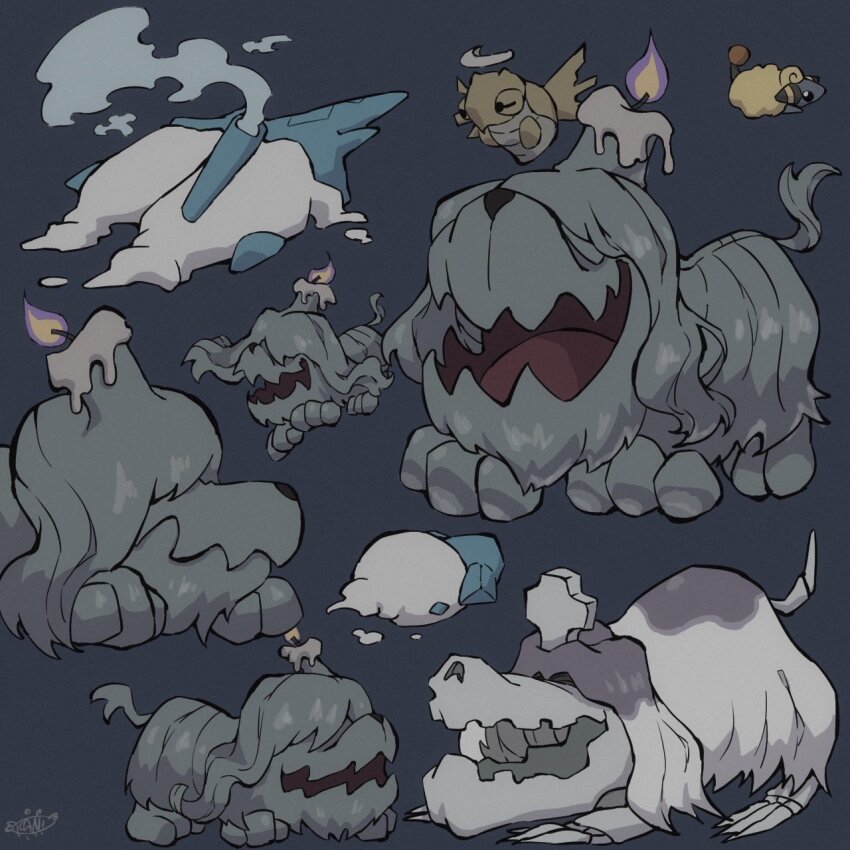 6+others animal_focus claws evolutionary_line floating gen_2_pokemon gen_3_pokemon gen_5_pokemon gen_9_pokemon greavard highres houndstone kanikanipan3740 lying mareep multiple_others nintendo no_humans open_mouth pokemon pokemon_(creature) sharp_teeth shedinja simple_background teeth vanillite vanilluxe