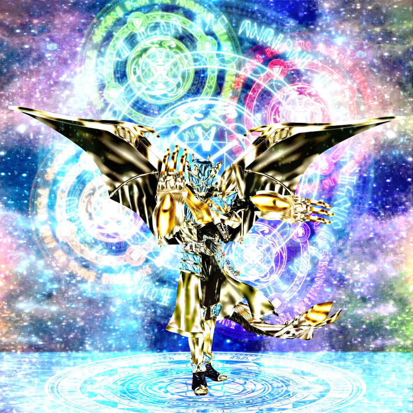1boy armor compound_eyes dragon dragon_claw dragon_tail dragon_wings flame_wizard_ring full_body gem gold_armor highres hurricane_wizard_ring kamen_rider kamen_rider_wizard kamen_rider_wizard_(infinity_dragon_gold) kamen_rider_wizard_(series) kuzurx land_wizard_ring magic_circle male_focus space standing tail the_fateful_sengoku_movie_battle water_wizard_ring wings wizard_ring wizardriver