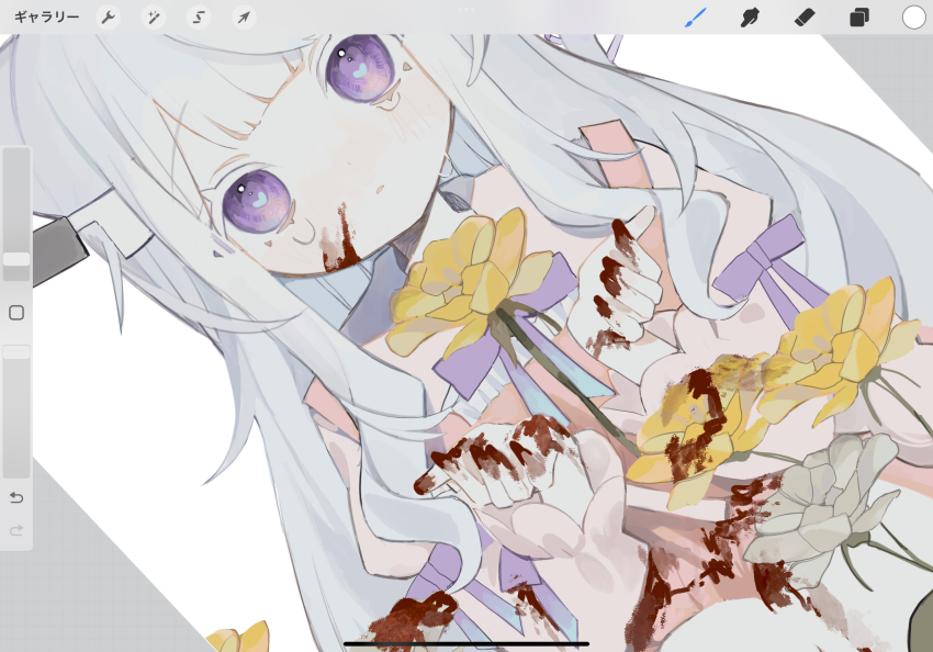 1girl art_program_in_frame blood blue_pupils bow bowtie cat_girl cat_tail commentary cowboy_shot dress dutch_angle flower flying_sweatdrops grey_hair hands_up heart heart-shaped_pupils highres indie_virtual_youtuber knife_in_head long_hair long_sleeves looking_at_viewer mashiro_sekai object_through_head parted_lips pink_dress procreate_(medium) purple_bow purple_bowtie purple_eyes sidelocks simple_background slept_sui solo straight-on symbol-only_commentary symbol-shaped_pupils tail tail_bow tail_ornament tears very_long_hair virtual_youtuber white_background yellow_flower