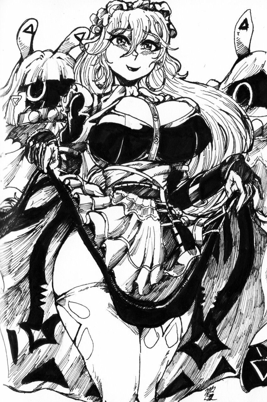 1girl 2025 absurdres apron artist_logo bangboo_(zenless_zone_zero) black_dress blush breasts cleavage clothes_lift commentary cowboy_shot dress dress_lift drusilla_(zenless_zone_zero) english_commentary faux_traditional_media gloves hair_between_eyes highres ink juliet_sleeves large_breasts legs_together lipstick logo long_sleeves looking_at_viewer maid_apron makeup makinidraws nose_blush partially_fingerless_gloves puffy_sleeves ribbon rina_atherina simple_background straight_hair thick_thighs thighhighs thighs white_background zenless_zone_zero