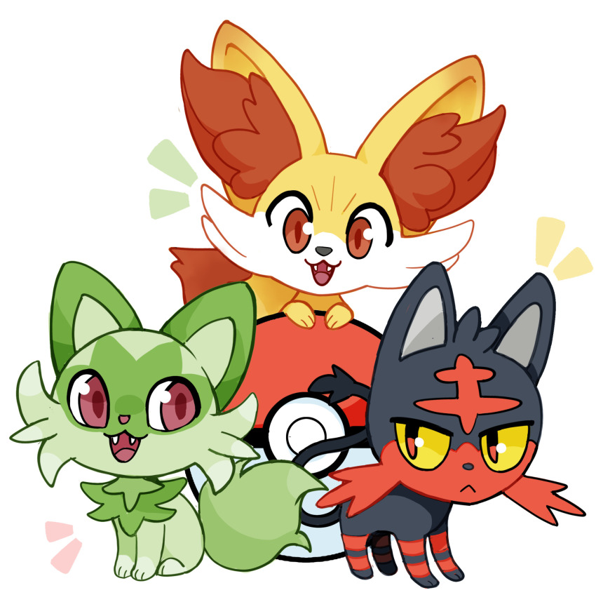 animal_focus cat colored_sclera fangs fennekin fox gen_6_pokemon gen_7_pokemon highres litten nintendo no_humans orange_eyes pink_eyes poke_ball poke_ball_(basic) pokemon pokemon_(creature) red_eyes sprigatito toastchild yellow_sclera