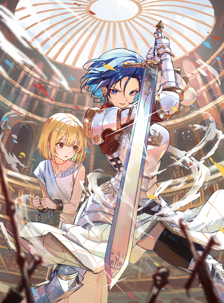 2girls absurdres arena arm_armor armor blonde_hair blue_eyes blue_hair blurry blurry_background braid brown_eyes character_request colored_inner_hair commentary_request copyright_request cover cover_page cuffs dress earrings fighting_stance glint greatsword highres holding holding_sword holding_weapon jewelry leg_armor looking_at_viewer multicolored_hair multiple_girls novel_cover official_art parted_lips red_shirt roco_(rocoroco1115) shackles shirt short_hair shoulder_armor single_braid smile sword textless_version weapon white_dress wind