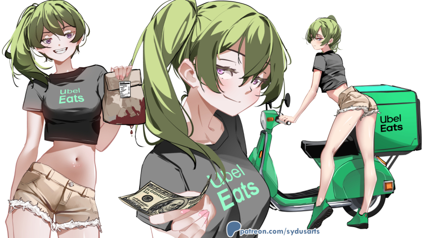 1girl bag black_shirt brown_shorts closed_mouth commentary cowboy_shot cropped_shirt english_commentary full_body green_footwear holding holding_bag holding_money looking_at_viewer midriff money motor_vehicle multiple_views nameplay navel patreon_username purple_eyes scooter shirt short_sleeves shorts simple_background smile sousou_no_frieren standing sydus ubel_(sousou_no_frieren) uber_eats white_background