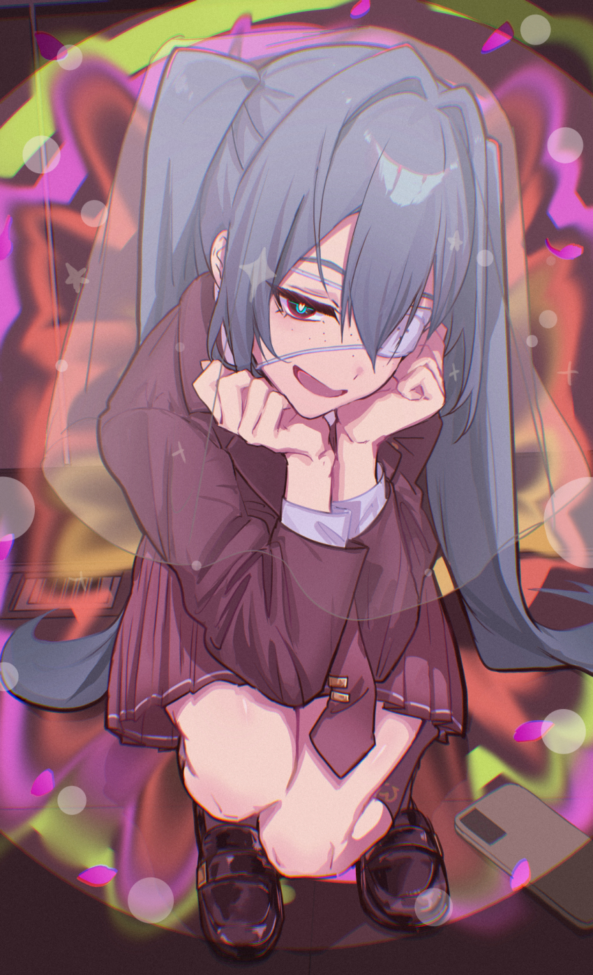 1girl aqua_hair black_footwear black_jacket black_necktie black_skirt cellphone eyepatch freckles grey_socks hair_between_eyes hair_intakes hands_on_own_chest hatsune_miku highres jacket long_hair looking_at_viewer maria_(syake-uni) medical_eyepatch monitoring_(vocaloid) necktie necktie_between_legs phone pleated_skirt psychedelic ringed_eyes skirt smartphone socks solo tie_clip twintails vocaloid