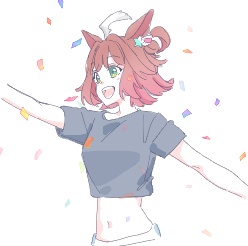1girl absurdres animal_ears black_shirt breasts brown_hair confetti crop_top highres horse_ears midriff multicolored_hair navel rhein_kraft_(umamusume) seila_rei shirt short_sleeves simple_background small_breasts solo two-tone_hair umamusume white_background white_hair