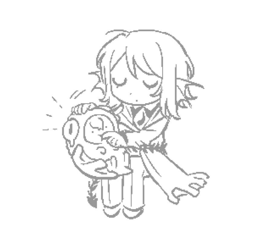 1girl carrying carrying_person cavernous_wailing_(e.g.o) chibi closed_eyes closed_mouth coat e.g.o_(project_moon) faust_(project_moon) finger_sucking fins fluid_sac_(e.g.o) gloves greyscale head_fins highres limbus_company long_sleeves monochrome ohzv pants project_moon shoes sidelocks sinclair_(project_moon) sitting solo