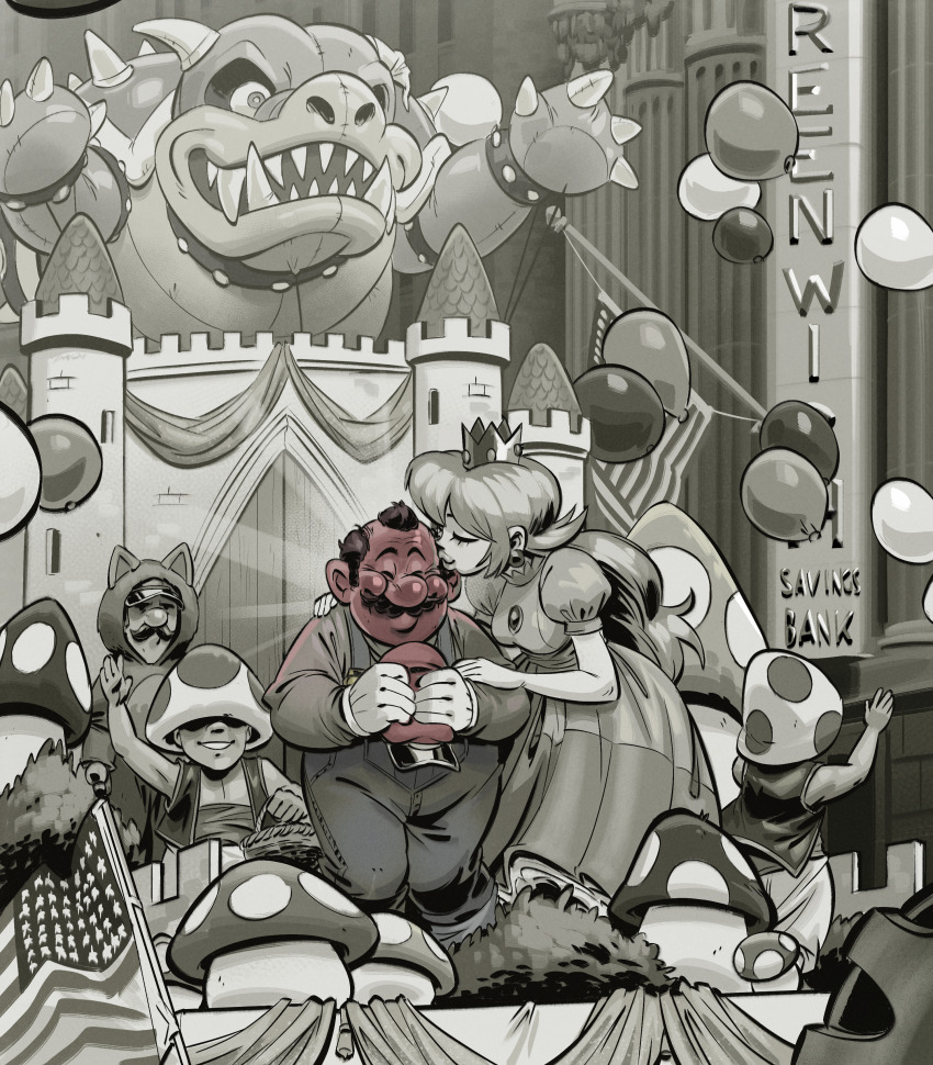 1girl 4boys absurdres american_flag angusburgers balloon basket blush bowser castle commentary costume crown dress english_commentary english_text facial_hair full-face_blush gloves hat height_difference highres holding holding_basket holding_unworn_clothes holding_unworn_hat kiss long_hair luigi macy&#039;s mario mario_(series) multiple_boys mushroom mustache nintendo parade_float princess_peach puffy_short_sleeves puffy_sleeves short_sleeves spot_color super_mushroom toad_(mario) unworn_hat unworn_headwear vest white_gloves
