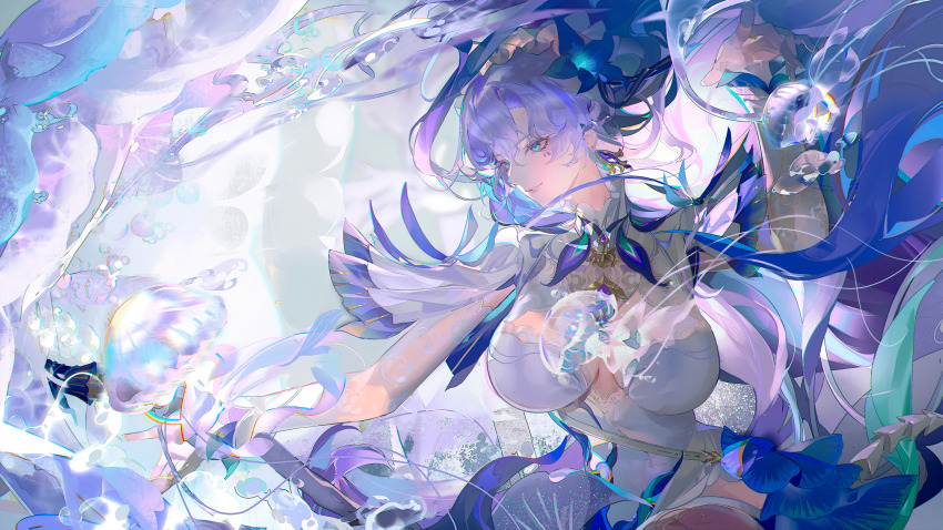 1girl absurdres blue_eyes blue_flower breasts cantarella_(wuthering_waves) chinese_commentary chromatic_aberration commentary_request cowboy_shot dress earrings flower hair_between_eyes hair_flower hair_ornament hand_up highres jellyfish jewelry large_breasts long_hair parted_lips partial_commentary purple_hair samo_(shichun_samo) shrug_(clothing) smile solo thighs white_dress white_shrug wuthering_waves