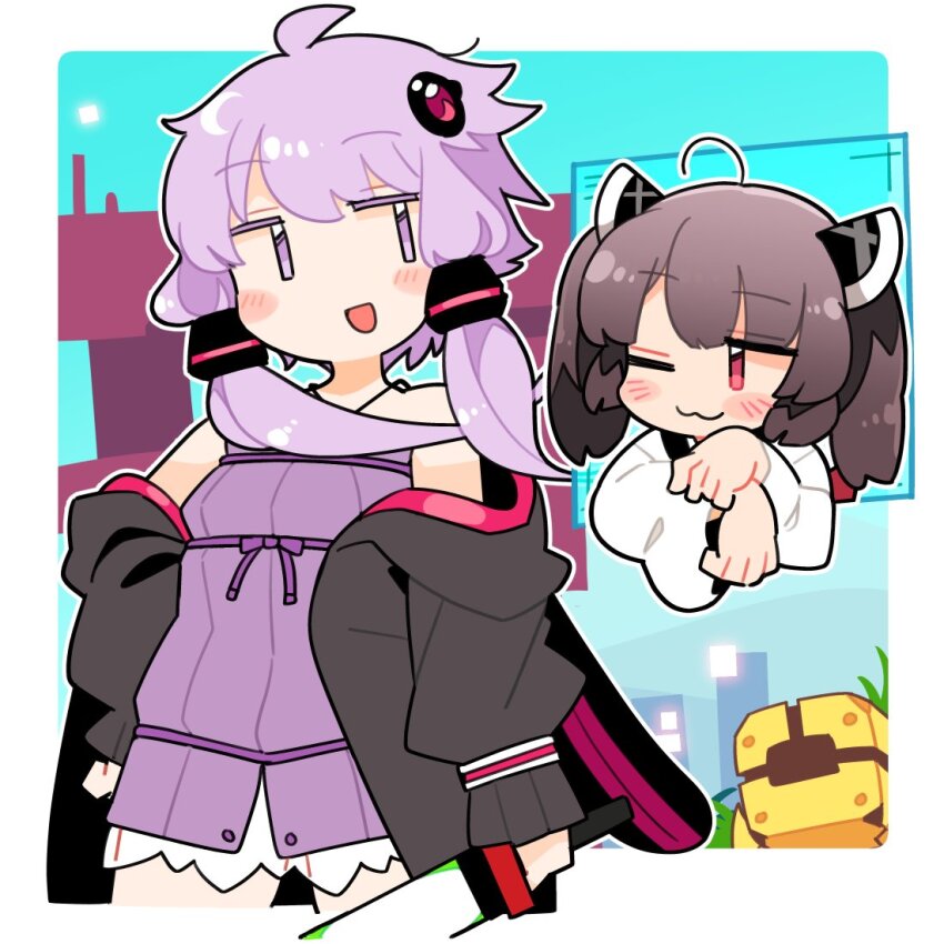 2girls :d ;3 ahoge animal_hood bare_shoulders black_hoodie blush closed_mouth cropped_legs dress hair_ornament headgear hood hood_down hoodie ini_(inunabe00) japanese_clothes kimono long_sleeves looking_at_another multiple_girls one_eye_closed open_clothes open_hoodie open_mouth purple_dress purple_eyes purple_hair rabbit_hood red_eyes short_hair short_hair_with_long_locks smile touhoku_kiritan vocaloid voiceroid white_kimono wide_sleeves yuzuki_yukari