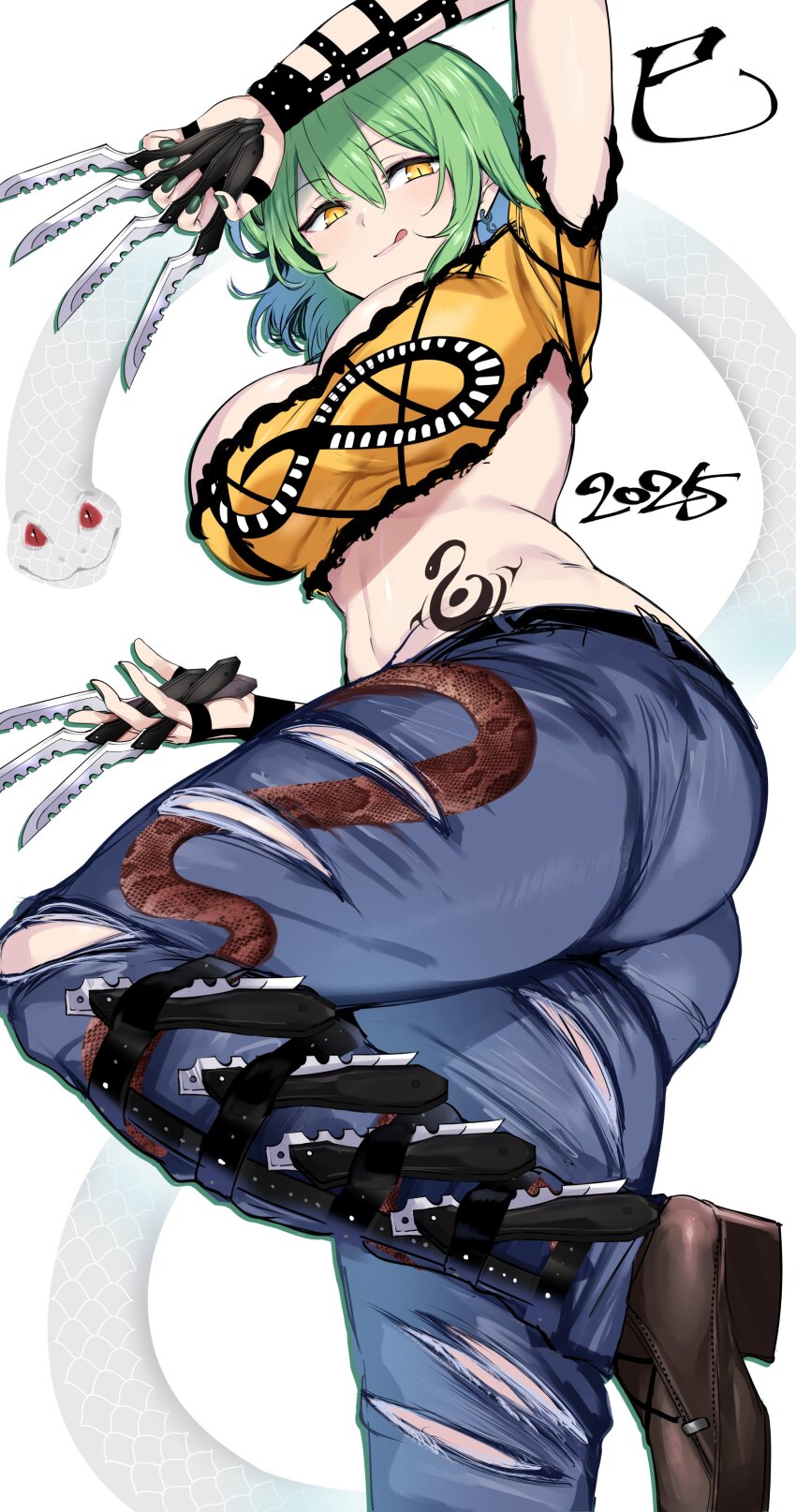 1girl absurdres agetama ass blue_pants blush breasts cleavage cropped_shirt green_hair highres hikage_(senran_kagura) knife large_breasts looking_at_viewer midriff navel pants senran_kagura shirt short_hair short_sleeves slit_pupils smile snake snake_tattoo solo tattoo thighs torn_clothes torn_pants yellow_eyes yellow_shirt