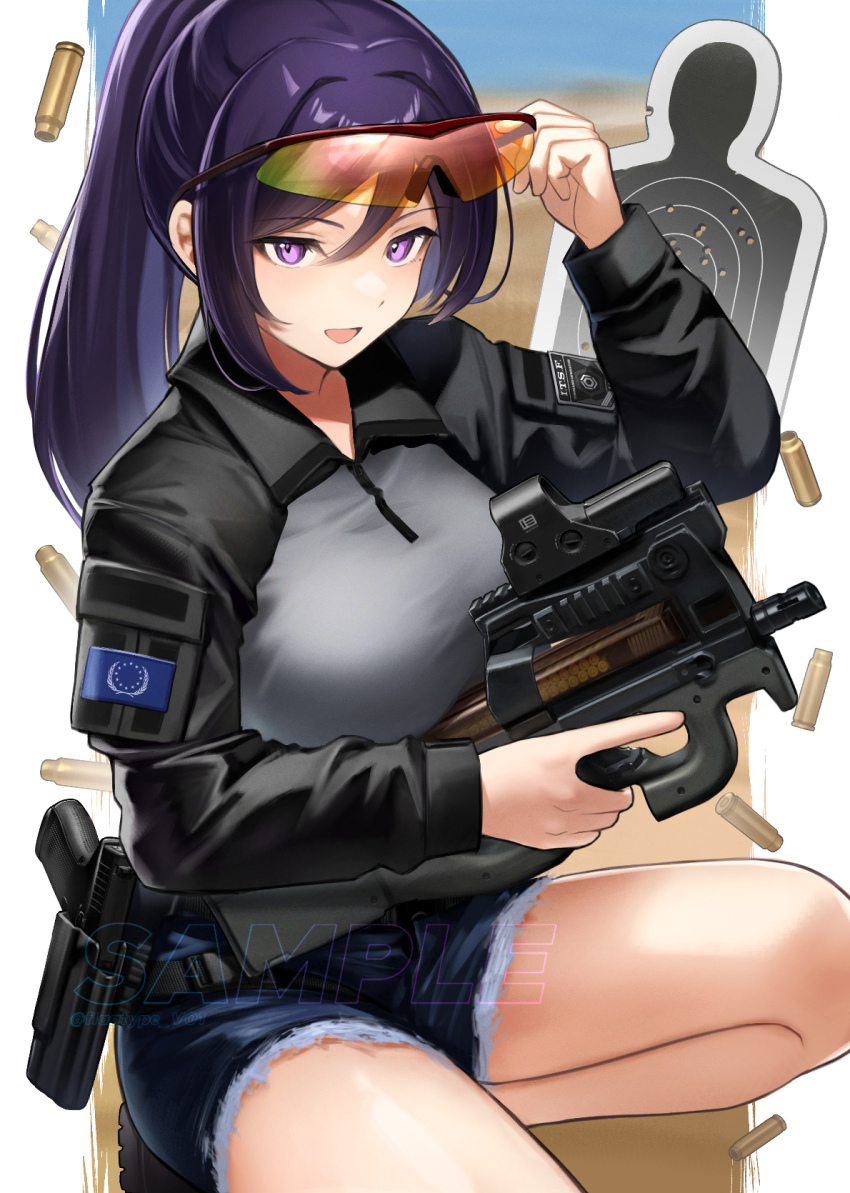 1girl :d arm_up black_shoes blue_shorts breasts bullpup collared_shirt commentary_request cutoffs fn_5.7x28mm grey_shirt gun handgun_cartridge highres holding holding_gun holding_weapon long_hair long_sleeves medium_breasts open_mouth original p90 pdw_cartridge personal_defense_weapon pistol_cartridge polo_shirt ponytail puffy_long_sleeves puffy_sleeves purple_eyes purple_hair safety_glasses sample_watermark shell_casing shiroyama_soh shirt shoes short_shorts shorts smile solo squatting submachine_gun target trigger_discipline watermark weapon