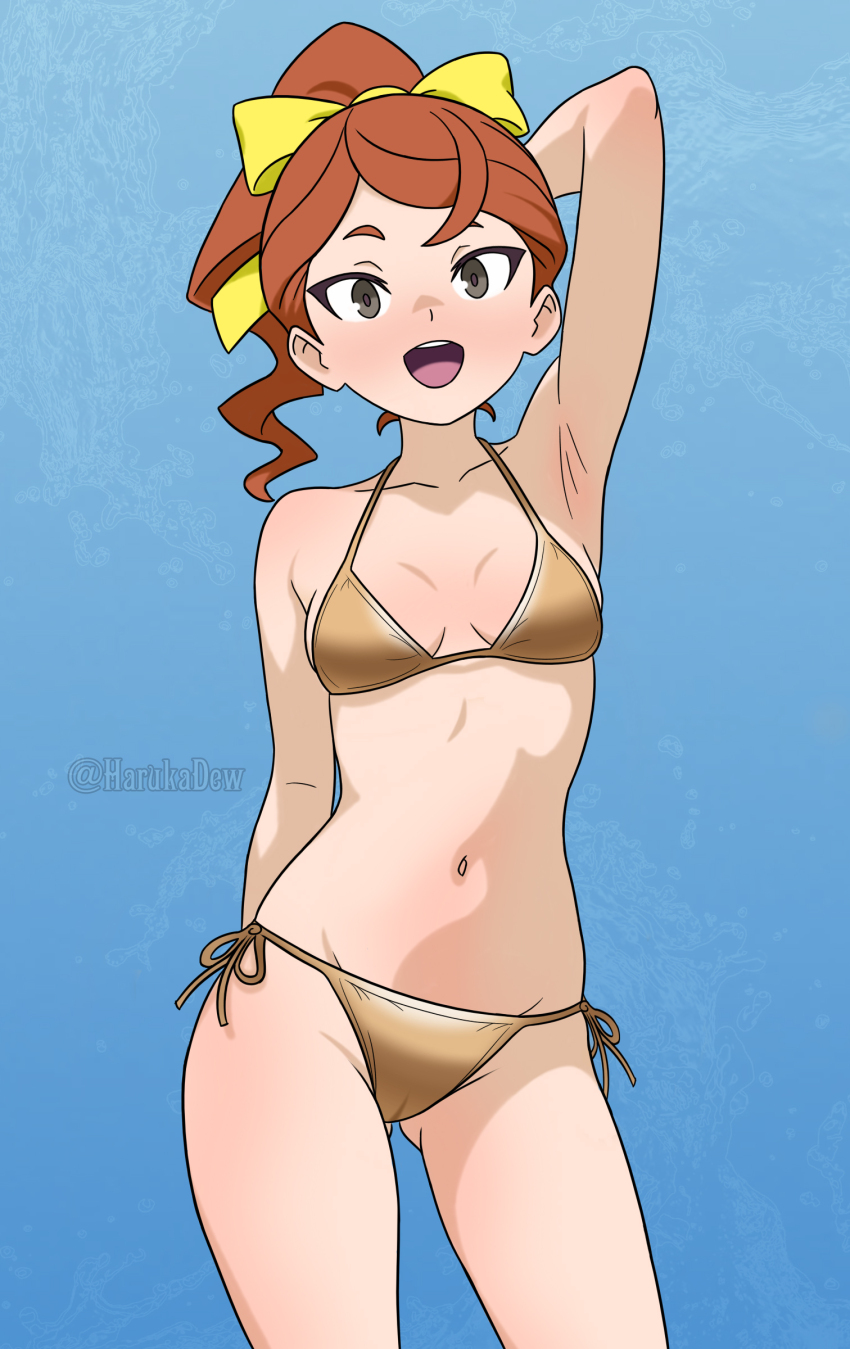 1girl absurdres armpits bikini blue_background blush breasts brown_bikini brown_hair cameltoe cleavage collarbone commentary english_commentary grey_eyes hair_ribbon hanna_england harukadew highres little_witch_academia long_hair medium_breasts navel ponytail presenting_armpit ribbon simple_background solo swimsuit