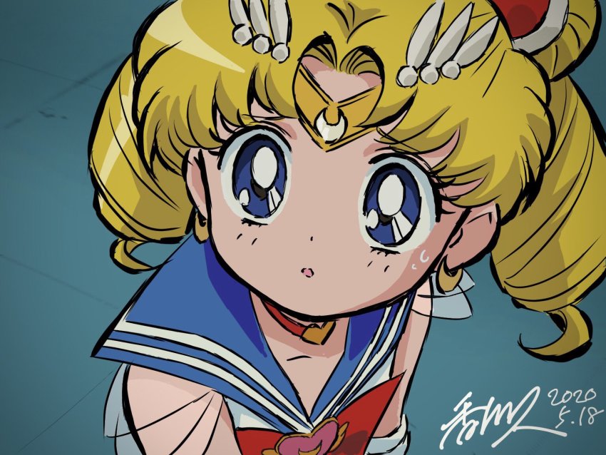 1girl 2020 aged_down bishoujo_senshi_sailor_moon blonde_hair blue_eyes bow child choker circlet dated double_bun earrings female_focus hair_bun hair_ornament hairclip jewelry kagawa_hisashi long_hair magical_girl meme red_bow sailor_moon sailor_moon_redraw_challenge_(meme) scared school_uniform serafuku signature solo tagme tsukino_usagi twintails upper_body