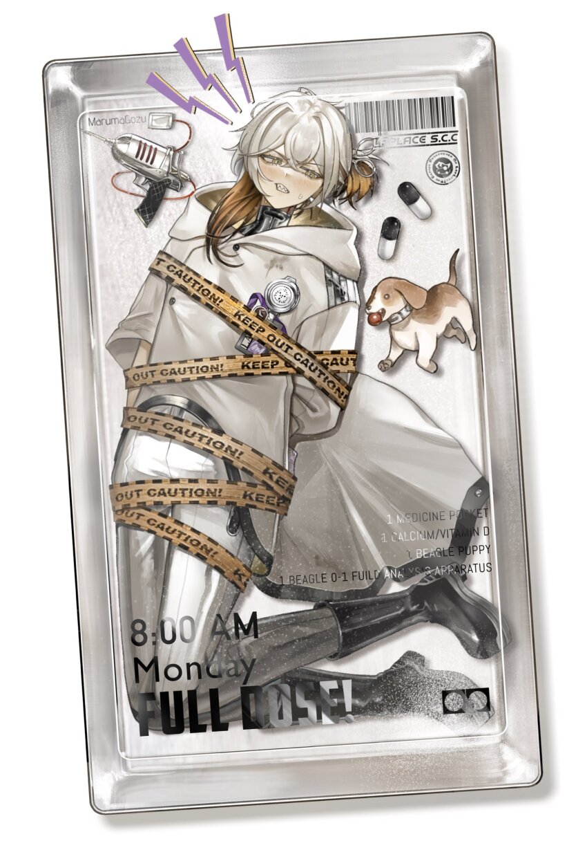 1other androgynous barcode beagle black_boots boots bound box brown_hair caution_tape clenched_teeth coat colored_tips dog encasement full_body grey_pants gun handgun highres hood hood_down hooded_coat in_box in_container keep_out looking_to_the_side maruma_gozu medicine_pocket medium_hair multicolored_hair pants pants_tucked_in pill ponytail reverse:1999 short_ponytail shout_lines solo straight-on sweat teeth tied_up_(nonsexual) v-shaped_eyebrows weapon white_background white_coat white_hair