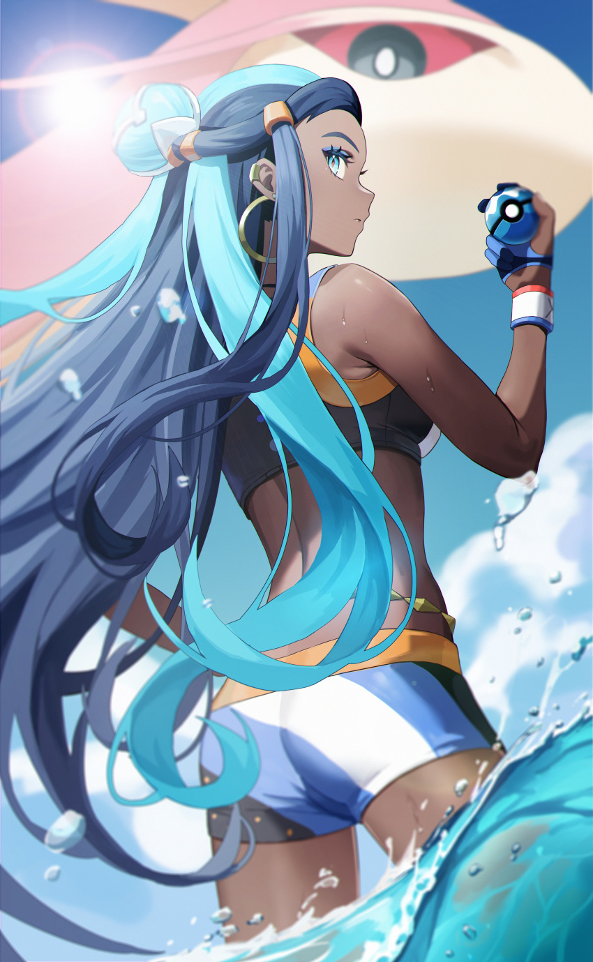 1girl absurdres amam_(64943468) ass belly_chain bike_shorts blue_eyeshadow cloud commentary_request dark-skinned_female dark_skin day dive_ball dynamax_band eyelashes eyeshadow gen_3_pokemon gloves hair_bun hand_up highres holding holding_poke_ball jewelry long_hair looking_back makeup milotic multicolored_hair nessa_(pokemon) nintendo outdoors partially_fingerless_gloves poke_ball pokemon pokemon_(creature) pokemon_swsh sky sports_bra two-tone_hair wading water water_drop