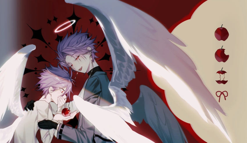 2boys angel_wings apple apple_core black_gloves black_jacket black_shirt chinese_commentary commentary_request covering_own_mouth despair_(julilililili) dual_persona earrings food fruit gloves grey_shirt halo hand_on_another&#039;s_arm hand_on_another&#039;s_back hand_over_own_mouth holding holding_food holding_fruit jacket jewelry long_sleeves male_focus multiple_boys open_mouth purple_hair red_eyes saibou_shinkyoku shirt short_hair smile theodore_riddle white_wings wide-eyed wings