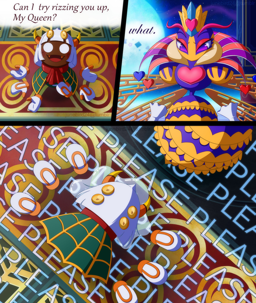 1boy 1girl absurdres antennae can_i_try_rizzing_you_up_(meme) cape english_text fangs green_cape heart highres horns junebird24 kirby:_triple_deluxe kirby_(series) meme moon night night_sky nintendo on_floor purple_eyes queen_sectonia rayman_limbs red_scarf scarf sky taranza white_hair zoomer_slang