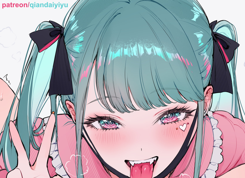 2girls aqua_hair commentary hatsune_miku highres jirai_kei long_hair looking_at_viewer mask_pull multiple_girls nail_polish open_mouth orange_nails paid_reward_available pink_eyes pink_shirt qiandaiyiyu shirt solo_focus tongue tongue_out twintails vampire vampire_(vocaloid) very_long_hair vocaloid