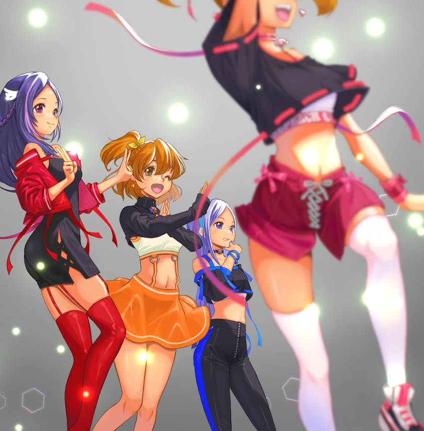 4girls aono_miki blurry dancing depth_of_field fresh_precure! hair_ornament hairband hairclip higashi_setsuna highres jacket jj_(ssspulse) kneehighs leggings legs lights long_hair momozono_love multiple_girls open_clothes open_jacket pants pink_ribbon precure ribbon shiny_skin shoes shorts skirt sneakers socks sports_bra sportswear stage stomach sweatpants wristband yamabuki_inori