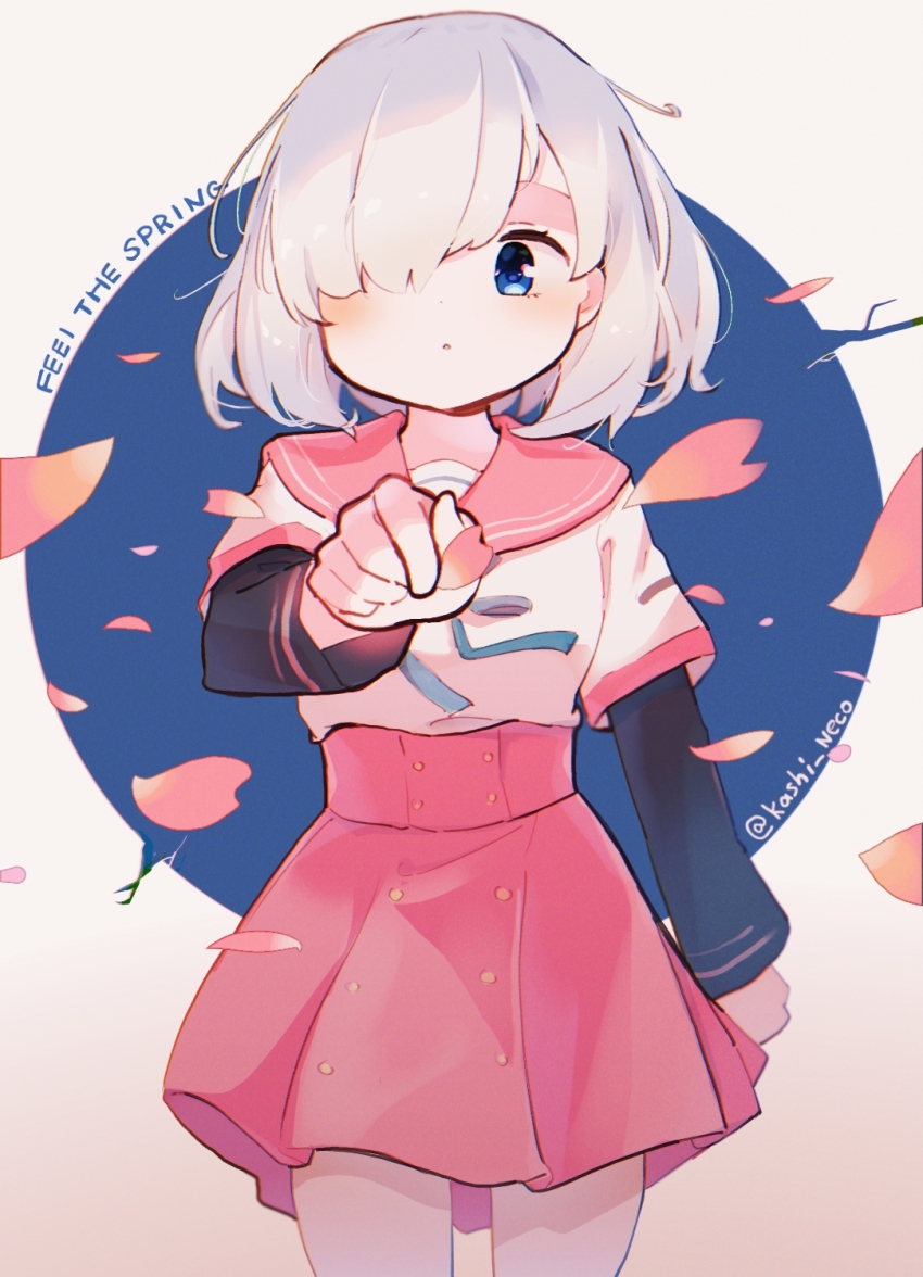 1girl aqua_ribbon arm_at_side black_sleeves blue_background blue_eyes blush border buttons round_border cowboy_shot dot_nose english_text falling_petals grey_hair hair_over_one_eye highres isuzu_ren kamihama_university_affiliated_school_uniform kashi_neko layered_sleeves long_bangs long_sleeves looking_at_viewer magia_record:_mahou_shoujo_madoka_magica_gaiden mahou_shoujo_madoka_magica medium_hair miniskirt neck_ribbon one_eye_covered outside_border parted_lips petals pleated_skirt pointing pointing_at_viewer red_sailor_collar red_skirt ribbon round_border sailor_collar sailor_shirt school_uniform serafuku shirt short_over_long_sleeves short_sleeves skirt solo swept_bangs twitter_username white_border white_shirt