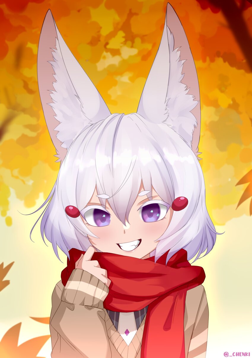 1girl absurdres animal_ear_fluff animal_ears artist_name brown_sweater chenki_(chenki) commentary english_commentary fox_ears fox_girl grin highres looking_at_viewer parted_lips phase_connect purple_eyes red_scarf scarf short_hair sleeves_past_wrists smile solo straight-on sweater tenma_maemi thick_eyebrows thick_eyelashes twitter_username upper_body white_hair