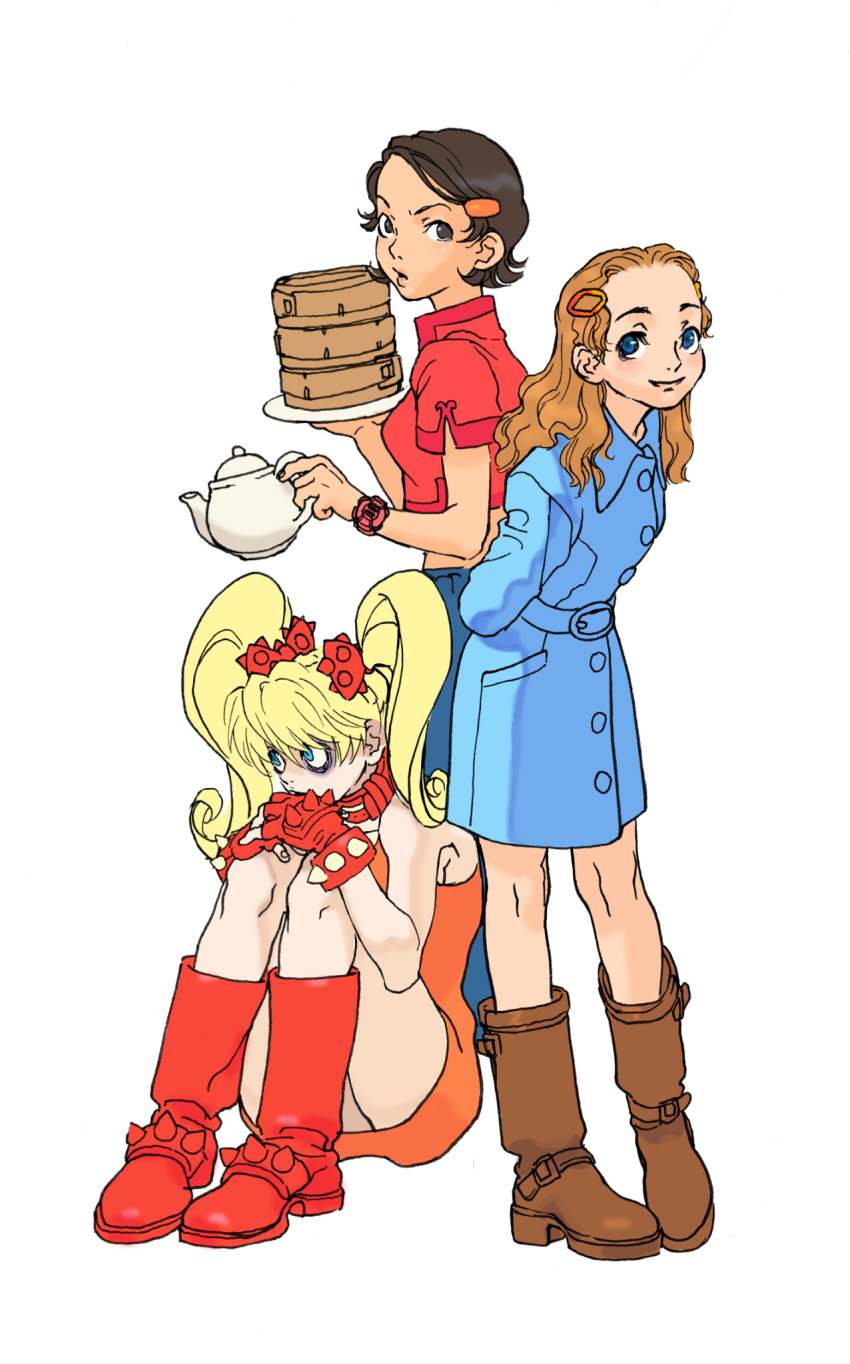 3girls arms_behind_back bags_under_eyes blonde_hair blue_eyes brown_eyes brown_hair chinese_clothes effie_(street_fighter) game_cg hair_ornament hairclip highres holding holding_plate holding_teapot houmei_(street_fighter) knees_to_chest long_hair multiple_girls nishimura_kinu non-web_source official_art orange_hair patricia_(street_fighter) plate raincoat short_hair simple_background smile street_fighter street_fighter_iii_(series) teapot twintails white_background