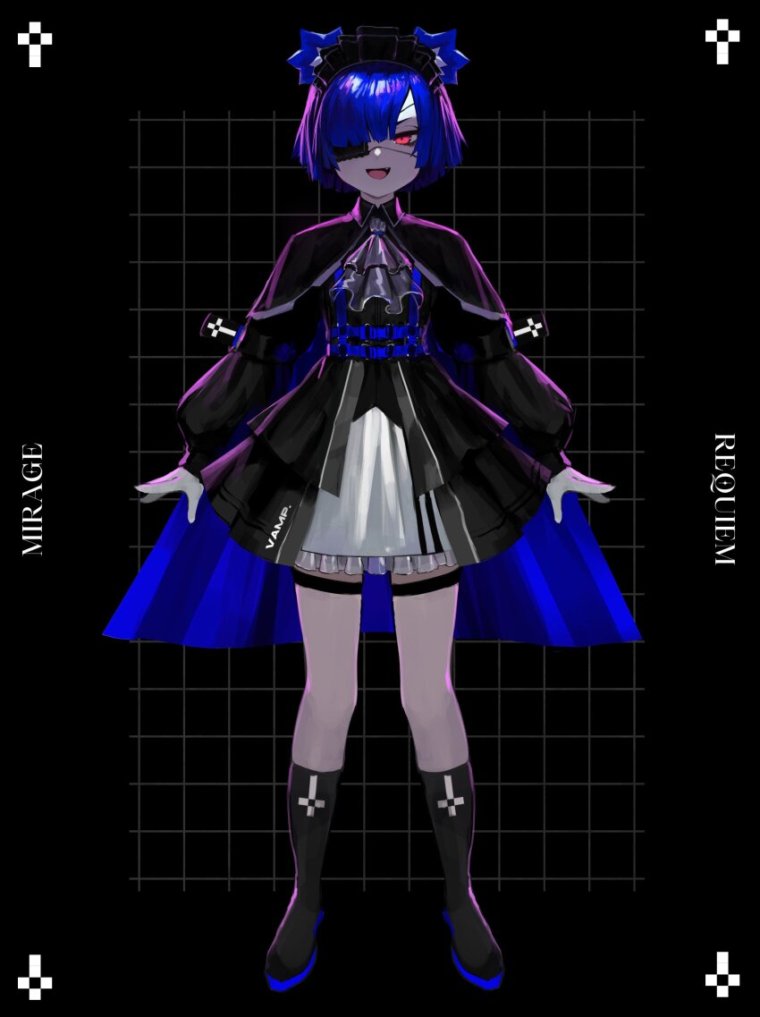 1girl :d a-pose absurdres album_name animal_ear_fluff animal_ears arm_strap ascot asymmetrical_bangs bags_under_eyes bear_ears bear_girl belt black_background black_boots black_capelet black_eyeshadow black_hairband black_headdress black_overskirt black_shirt black_sleeve_cuffs blue_belt blue_hair blunt_bangs blunt_ends blunt_sidelocks bob_cut boots buckle capelet chest_harness collared_capelet colored_shoe_soles commentary dot_nose english_commentary english_text evil_grin evil_smile eyebrows_hidden_by_hair eyepatch eyeshadow fang flat_chest frilled_eyepatch frilled_skirt frills full_body furrowed_brow gloves go!_go!_gris! goth_fashion grid_background grin gris_(go!_go!_gris!) hair_over_one_eye hairband half-closed_eyes harness highres invisible_floor knee_boots kneehighs layered_skirt legs_apart long_eyelashes long_sleeves looking_at_viewer maid_headdress makeup miniskirt multiple_swords narrowed_eyes open_hands open_mouth original parted_bangs pink_eyes print_boots puffy_long_sleeves puffy_sleeves red_eyes reference_sheet see-through_clothes see-through_skirt shirt short_hair sidelocks skirt smile snap-fit_buckle socks solo standing straight-on striped_clothes sword sword_on_back thick_eyelashes thigh_strap thighs tsurime v-shaped_eyebrows vertical-striped_clothes vertigris weapon weapon_on_back white_gloves white_skirt