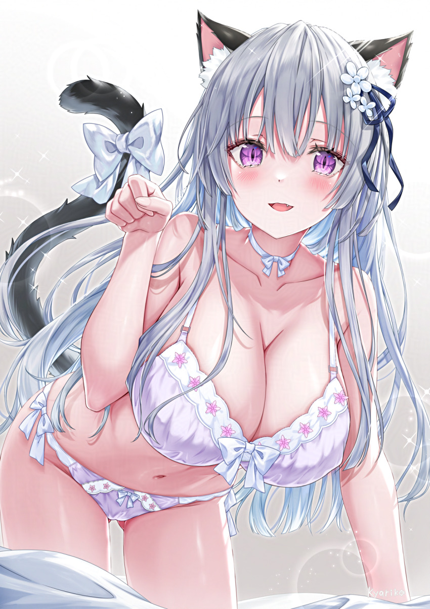 1girl animal_ear_fluff animal_ears artist_name bare_shoulders bed bed_sheet bent_over blush bow bow_bra bow_panties bra breasts cat_ears cat_girl cat_tail choker cleavage collarbone colored_inner_hair commentary fang flower gluteal_fold grey_background grey_hair hair_between_eyes hair_flower hair_ornament hand_up highres kyariko large_breasts lens_flare light_particles long_hair looking_at_viewer multicolored_hair navel open_mouth original panties paw_pose purple_bra purple_eyes purple_panties slit_pupils smile solo sparkle stomach tail tail_bow tail_ornament thighs underwear very_long_hair white_bow white_choker