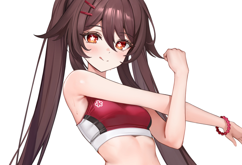 1girl :q blush bracelet breasts brown_hair closed_mouth commentary crop_top flower-shaped_pupils foka_(beginner) genshin_impact hair_between_eyes hu_tao_(genshin_impact) jewelry long_hair looking_at_viewer pearl_bracelet red_eyes small_breasts solo sweat symbol-shaped_pupils tongue tongue_out twintails very_long_hair white_background