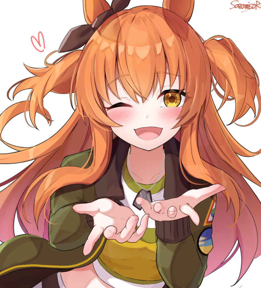 1girl animal_ears blowing_kiss blush bomber_jacket collarbone dog_tags hair_between_eyes hair_ornament heart highres horse_ears horse_tail jacket long_hair mayano_top_gun_(umamusume) midriff one_eye_closed orange_eyes orange_hair sazamiso_rx signature solo tail umamusume white_background