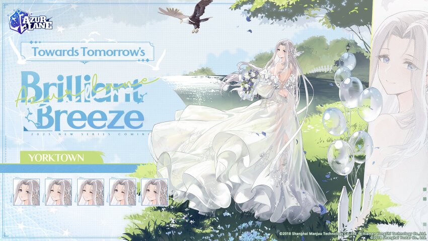 1girl ass azur_lane back backless_dress backless_outfit balloon bare_shoulders bird blue_eyes blue_flower blue_sky bouquet breasts bride butt_crack character_name closed_mouth commentary copyright_name copyright_notice detached_sleeves dress eagle english_commentary english_text multiple_expressions flower frilled_dress frills from_behind full_body grass grey_hair hair_ornament highres holding holding_bouquet kurumi_(recycllamo) large_breasts logo long_dress long_hair looking_at_viewer looking_back official_alternate_costume official_art outdoors parted_bangs petals river see-through_clothes see-through_dress sideboob sidelocks sky smile solo standing strapless strapless_dress thighs tree very_long_hair water wedding_dress white_dress white_flower yorktown_(azur_lane) yorktown_(brilliant_breeze)_(azur_lane) yorktown_(towards_tomorrow&#039;s_brilliant_breeze)_(azur_lane) yorktown_ii_(azur_lane)
