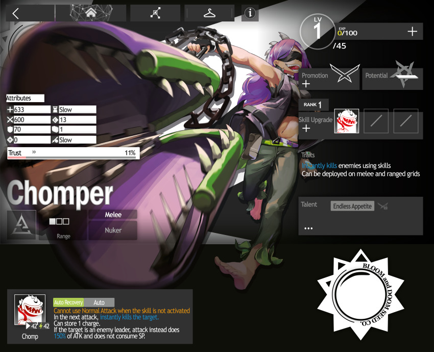 1girl absurdres arknights bare_shoulders barefoot belt blindfold breasts chain choker chomper_(plants_vs_zombies) crop_top fingerless_gloves gloves highres iron_maiden jacket leaf long_hair medium_breasts midriff monster_girl motion_blur multiple_belts open_mouth pants personification plant_girl plants_vs_zombies pompmaker1 pouch punk purple_hair simple_background smile spikes swinging teeth torn_clothes weapon