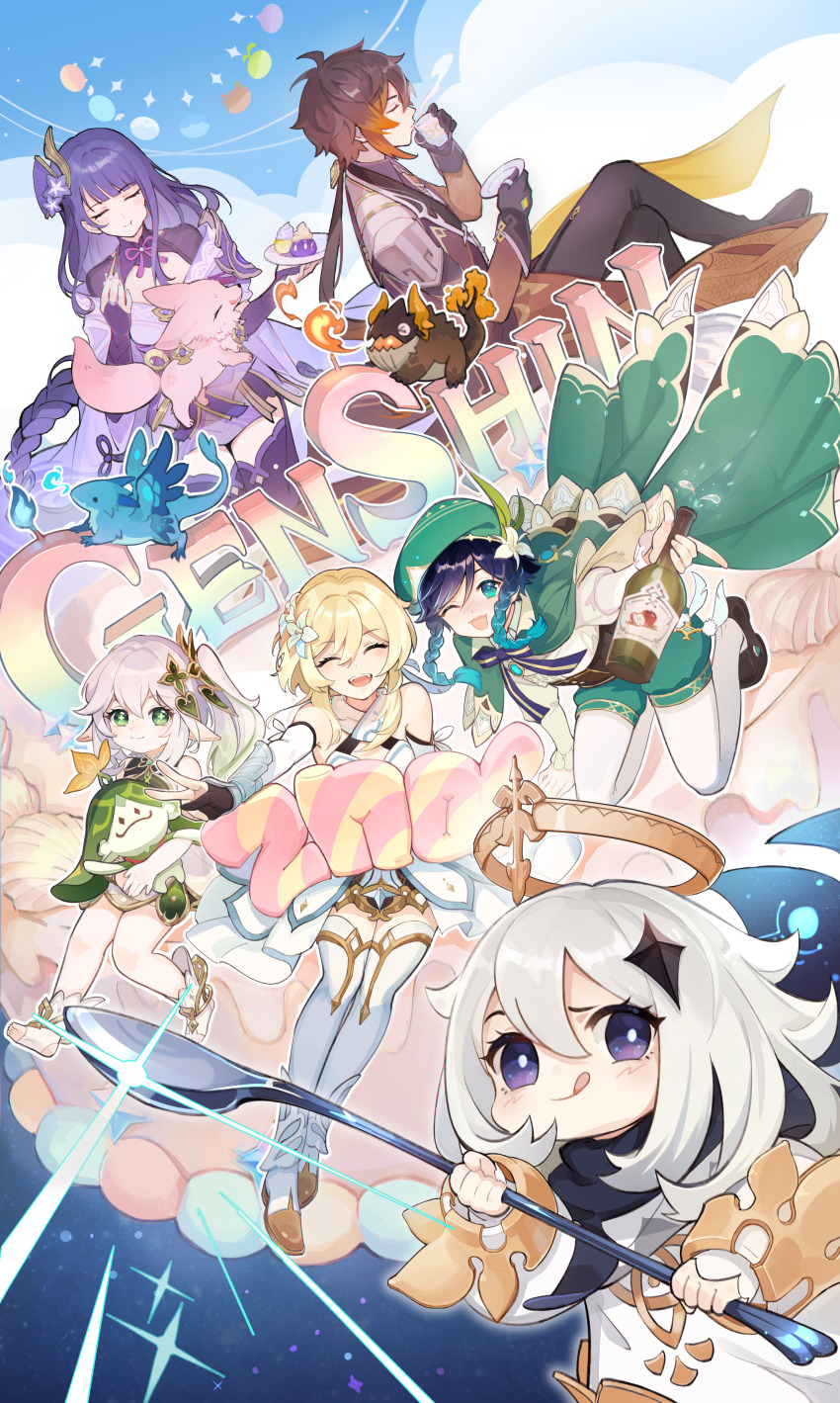 2boys 4girls absurdres aqua_eyes aranara_(genshin_impact) azhdaha_(genshin_impact) black_gloves black_hair black_pants blonde_hair blue_hair boots bottle braid breasts cape chinese_commentary closed_mouth coat copyright_name cup dragon dress dvalin_(genshin_impact) eating flower genshin_impact gloves gradient_hair grey_hair hair_between_eyes hair_flower hair_ornament halo highres holding holding_cup holding_spoon japanese_clothes long_hair long_sleeves lumine_(genshin_impact) multicolored_hair multiple_boys multiple_girls nahida_(genshin_impact) one_eye_closed open_mouth orange_hair paimon_(genshin_impact) pants partially_fingerless_gloves pointy_ears purple_hair raiden_shogun short_hair_with_long_locks side_ponytail single_braid slime_(genshin_impact) spoon thigh_boots tinydream twin_braids v venti_(genshin_impact) white_flower white_hair yae_miko yae_miko_(fox) zhongli_(genshin_impact)