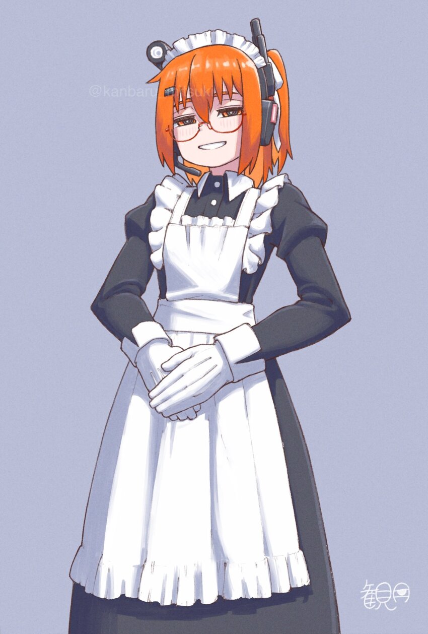 1girl a.i._voice adachi_rei alternate_costume apron black_dress buttons collared_dress commentary_request dress enmaided feet_out_of_frame flat_chest frilled_apron frilled_hairband frills glasses gloves grey_background grin hair_between_eyes hair_ribbon hairband headlamp headphones highres kanbaru_mitsuki long_dress long_sleeves looking_at_viewer maid maid_headdress orange_hair radio_antenna ribbon side_ponytail simple_background smile solo utau white_background white_gloves white_hairband white_ribbon wing_collar