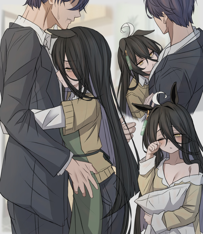 :t absurdres ahoge angry animal_ears apron arms_around_waist black_hair black_jacket black_pants blush breasts cleavage collared_shirt ear_tag earrings ears_down green_apron grey_hair hair_between_eyes height_difference highres horse_ears horse_girl hug jacket jewelry layered_sleeves leogust long_hair long_hair_between_eyes long_sleeves looking_at_another manhattan_cafe_(umamusume) multicolored_hair no_eyes off_shoulder pants parted_lips pout rubbing_eyes shirt short-sleeved_sweater short_hair short_over_long_sleeves short_sleeves single_earring sleepy small_breasts sweatdrop sweater textless_version trainer_(umamusume) umamusume unamused variant_set very_long_hair white_background white_hair yellow_eyes yellow_sweater