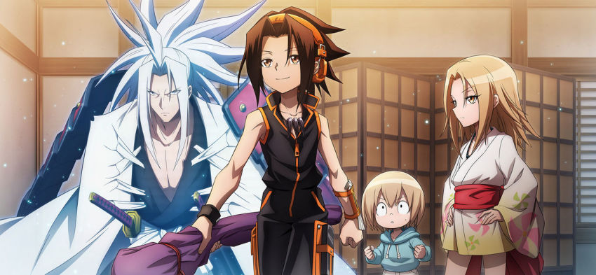 1girl 3boys amidamaru asakura_yoh blonde_hair brown_hair hands_on_own_hips japanese_clothes kyouyama_anna legs multiple_boys official_art oyamada_manta shaman_king skirt white_hair