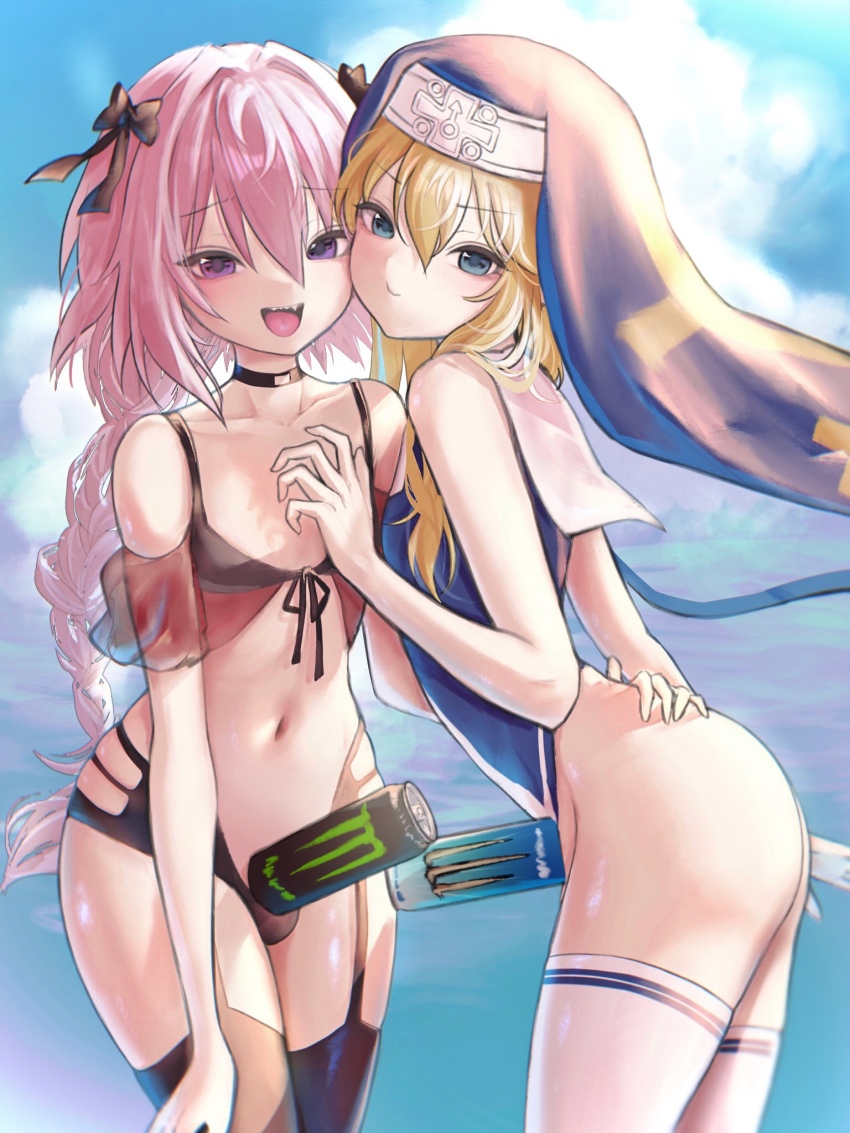 2boys :d ass astolfo_(fate) azulasi bikini black_bikini black_choker black_ribbon black_thighhighs blonde_hair blue_leotard blue_sky blush braid bridget_(guilty_gear) bulge censored choker clothing_aside cloud collarbone commentary_request crossdressing double-parted_bangs fang fate/grand_order fate_(series) garter_straps guilty_gear hair_between_eyes hair_ribbon highleg highleg_leotard highres leotard leotard_aside long_hair male_focus mars_symbol monster_energy multiple_boys navel novelty_censor nun open_mouth outdoors pink_hair purple_eyes ribbon sailor_collar sidelocks single_braid sky smile stomach swimsuit teeth thighhighs tongue trap upper_teeth_only very_long_hair white_sailor_collar white_thighhighs
