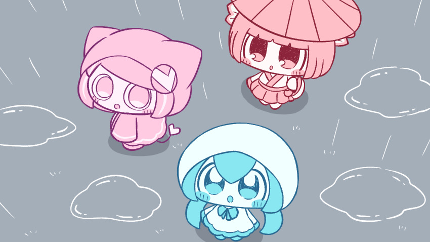 3girls :o amedama_(vocaloid) aqua_eyes aqua_hair aqua_leggings aqua_ribbon arms_at_sides blunt_bangs blunt_ends chibi chibi_only dress hairpods hatsune_miku holding holding_umbrella hood hooded_dress hooded_jacket jacket long_hair long_sleeves looking_at_another looking_at_viewer multiple_girls neck_ribbon no_shoes open_mouth pepoyo pink_eyes pink_hair pink_hood pink_jacket poyopep poyoroid poyoroid_(mania) puddle rain red_eyes red_hair red_skirt red_umbrella ribbon short_hair skirt swept_bangs tail umbrella utau vocaloid vy1 white_dress white_hood