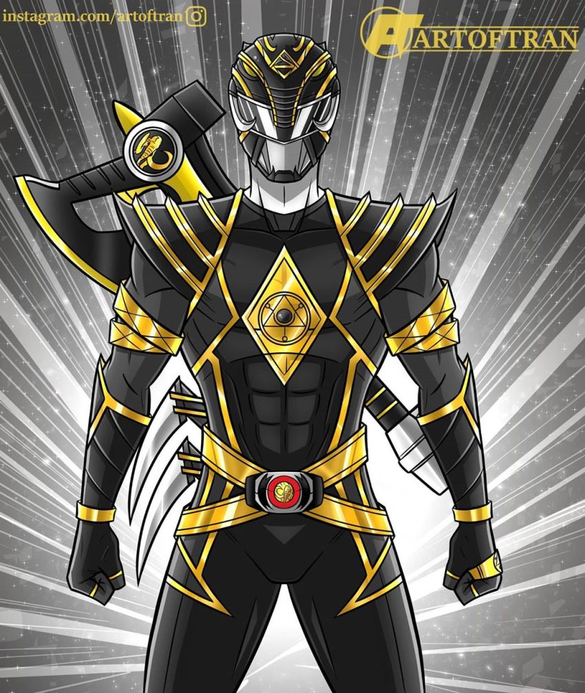 1boy adam_park armor artist_name artoftran axe belt belt_buckle black_background black_bodysuit black_helmet bodysuit buckle chain helmet highres instagram_username kama_(weapon) mammoth_ranger mighty_morphin_black_ranger mighty_morphin_power_rangers omega_black_ranger power_rangers shoulder_armor sickle signature weapon