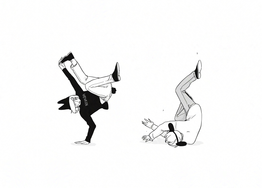 2boys absurdres animal_hat breakdance cat_boy cat_hat cat_tail commentary_request dancing facial_mark greyscale harunoseki0414 hat highres male_focus monochrome multiple_boys nyen_(randal&#039;s_friends) nyon_(randal&#039;s_friends) randal&#039;s_friends short_hair simple_background tail whisker_markings white_background